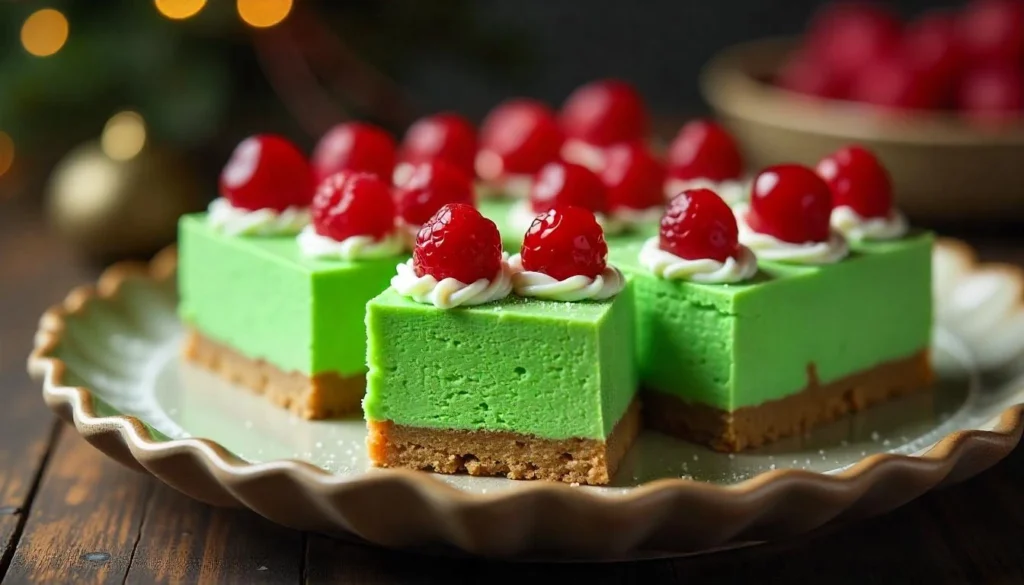 Grinch cheesecake bars with green filling and red berries on top for a festive dessert.