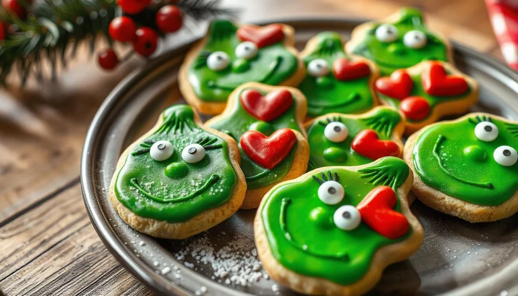 Grinch-shaped sugar cookies decorated with green icing, candy eyes, and red hearts.