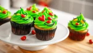 Grinch party food ideas including cupcakes, punch, and festive snacks on a decorated table.