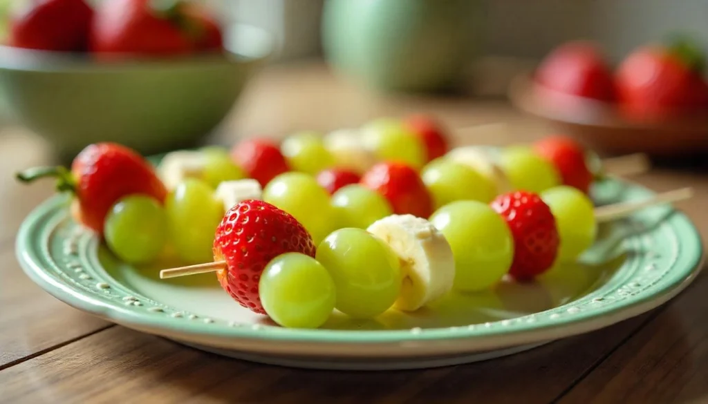 Grinch-themed fruit skewers made with green grapes, bananas, and strawberries.