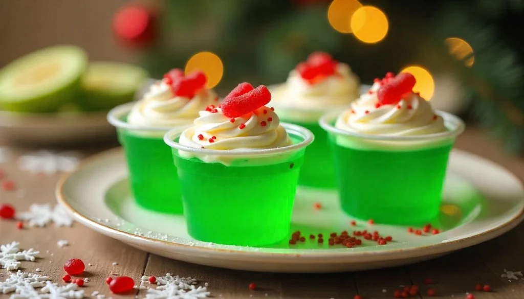 Fun Grinch Jello cups with whipped cream and gummy worms, perfect for kids.