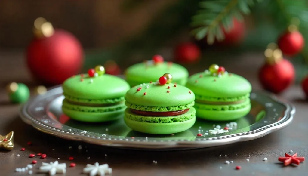 Elegant green macarons with raspberry filling, perfect for a Grinch-themed holiday.