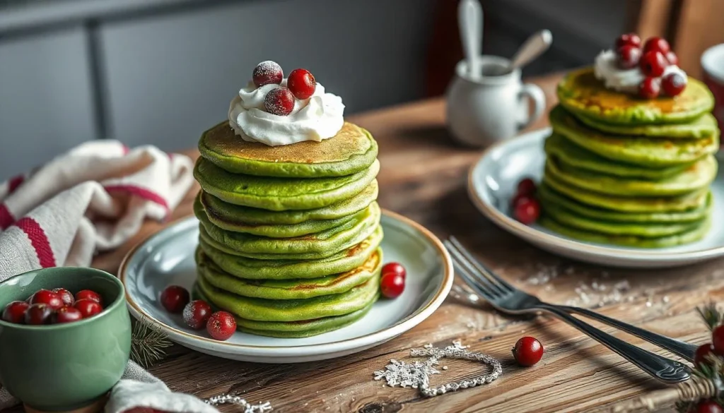 Stack of green pancakes with whipped cream and red berries for a Grinch-inspired breakfast.