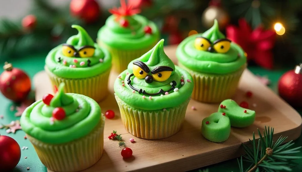 Grinch cupcakes with green frosting, red candy hearts, and Grinch faces.