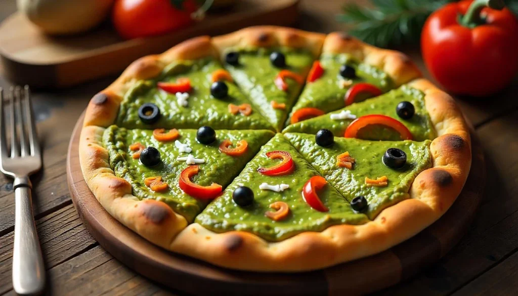 Grinch pizza with green pesto, olives, and red peppers shaped in a heart.