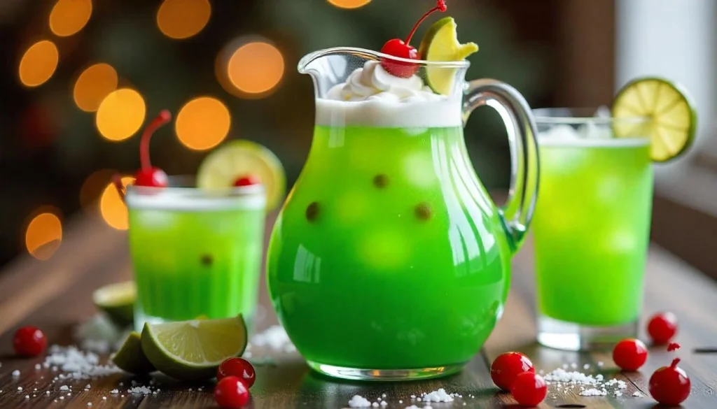 Grinch-tini cocktail with a green hue and red candy heart garnish