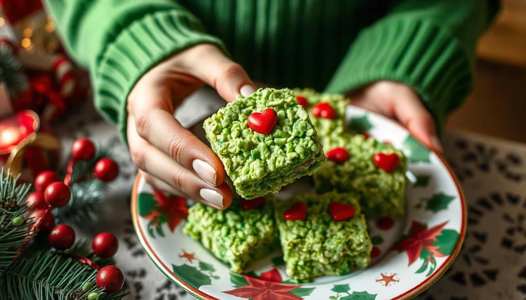 Grinch Rice Krispies treats with green food coloring and red candy hearts.