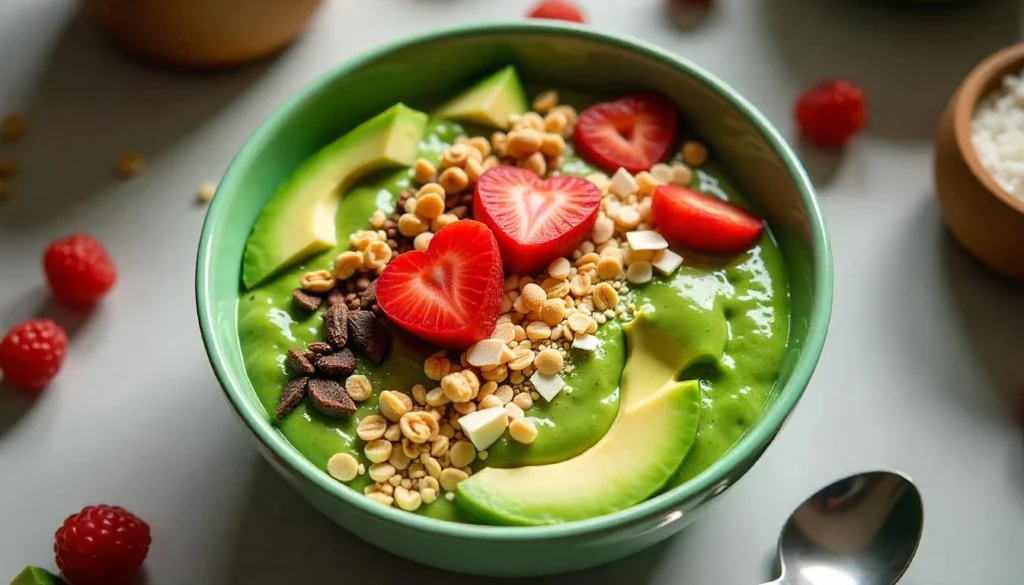 Grinch smoothie bowl topped with granola, coconut flakes, and red fruit accents.