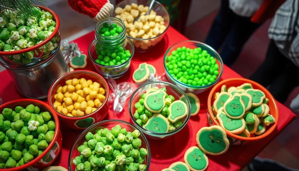 Grinch-themed snack bar with green popcorn, candies, and cookies for a holiday party.