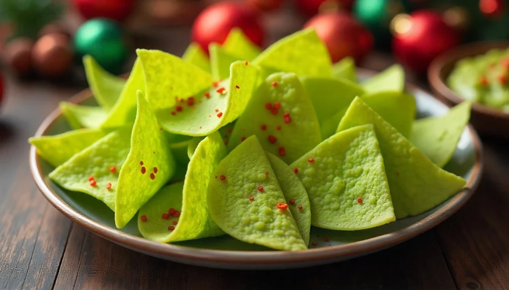 Green tortilla chips with guacamole and red chili flakes for a Grinch-themed party snack.