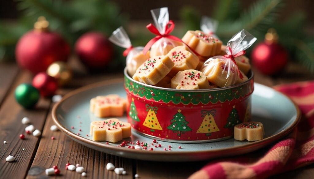 Crockpot candy crack pieces wrapped in decorative cellophane and placed in a holiday-themed tin with ornaments.