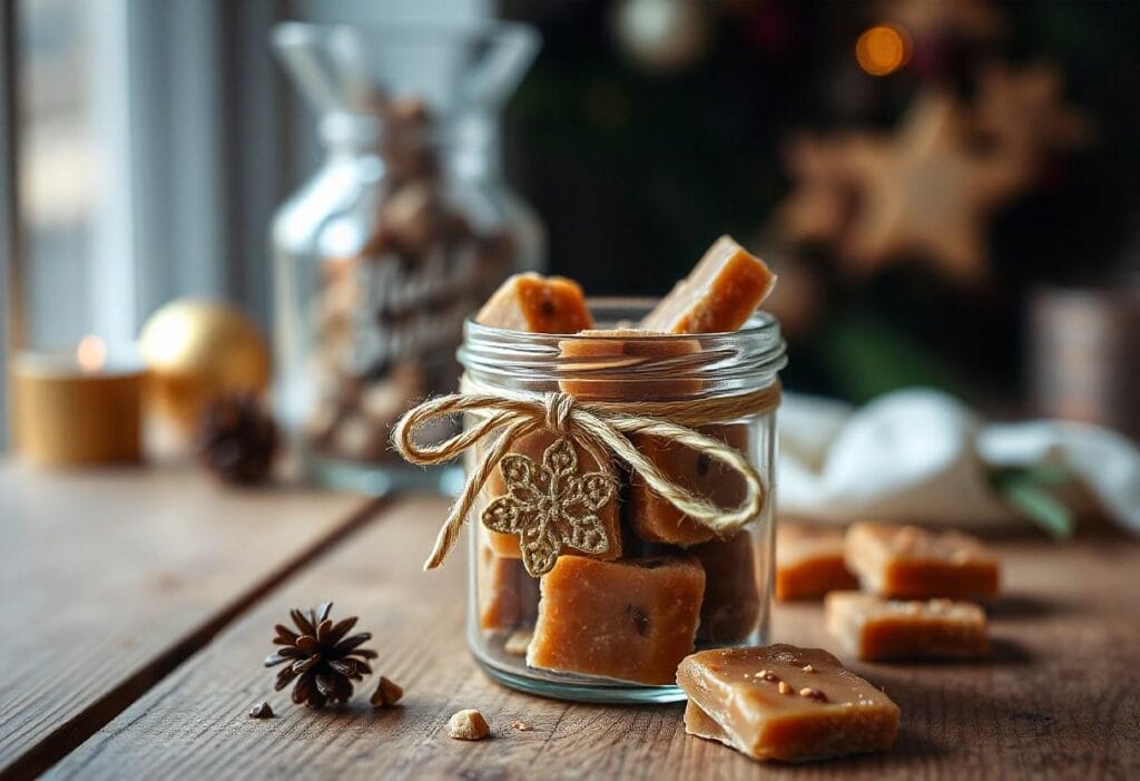 Homemade toffee candy packaged in a decorative jar with a ribbon