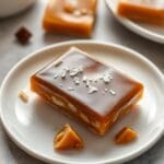 Homemade toffee candy with chocolate and sea salt, arranged on a white plate