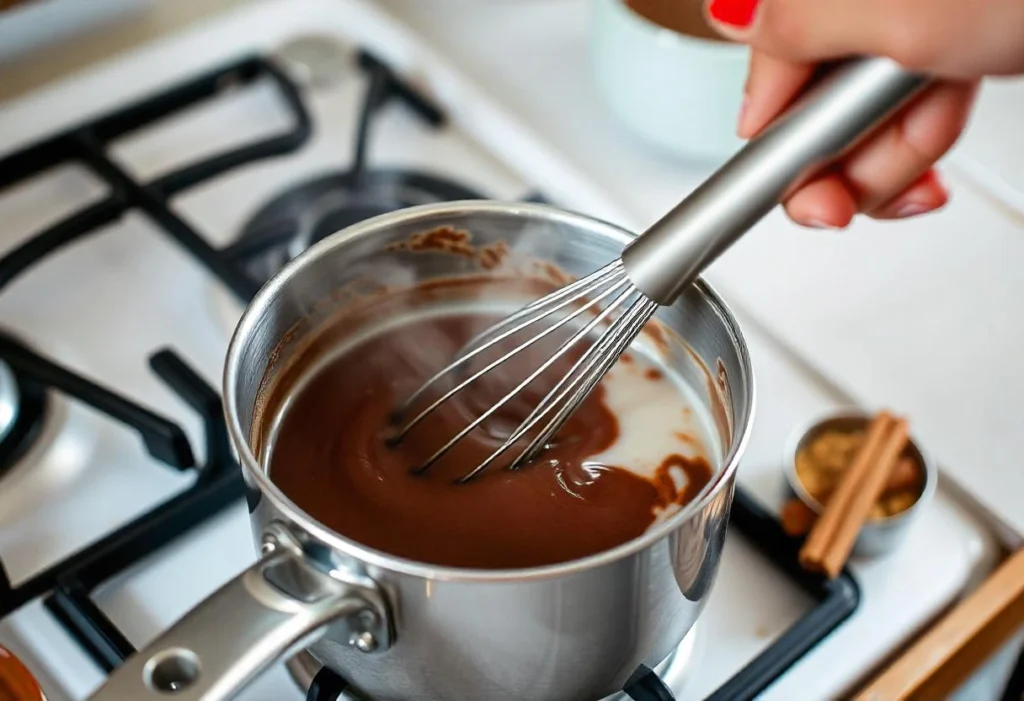 A saucepan of Martha Washington drinking chocolate being whisked on a stovetop with steam rising.