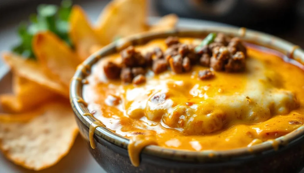 Close-up of queso dip with meat, highlighting creamy texture, melted cheese, and ground beef.