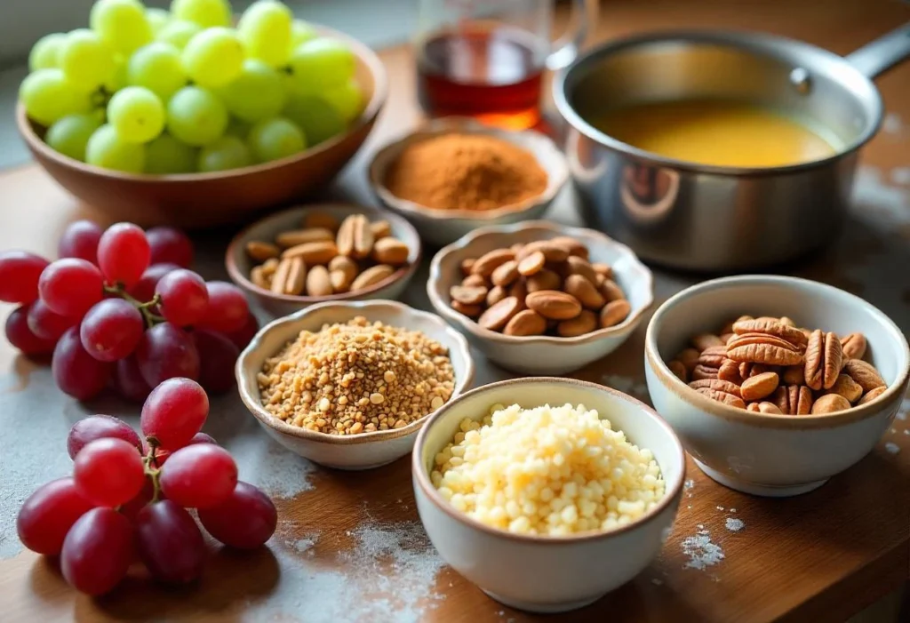 Fresh grapes, crushed nuts, and ingredients for candied grapes with nuts on a kitchen counter.