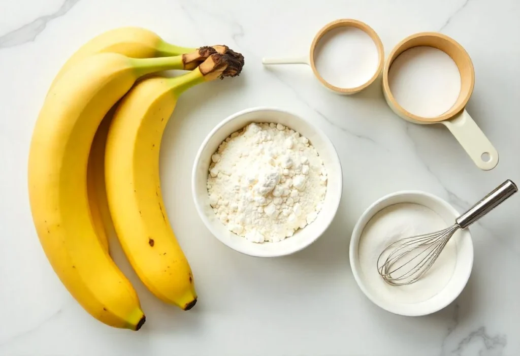 Three simple ingredients for banana bread: ripe bananas, flour, and sugar on a marble counter