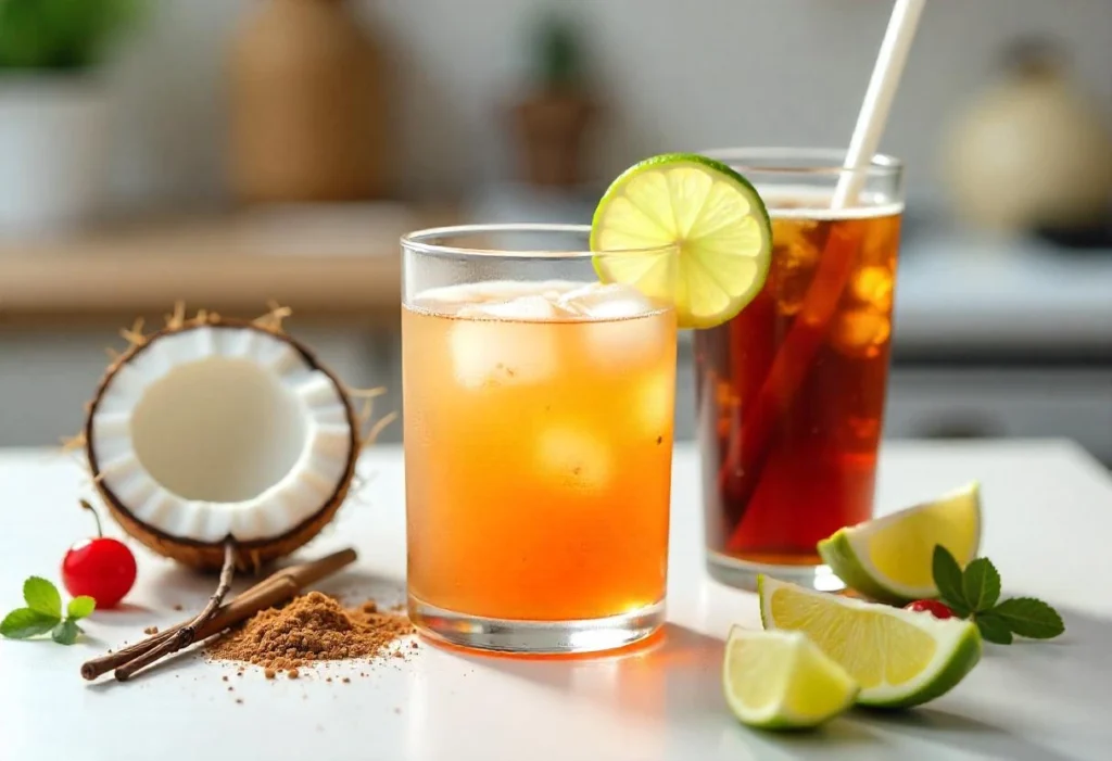 A spread of ingredients for dirty soda recipes including syrups, lime, and cream.