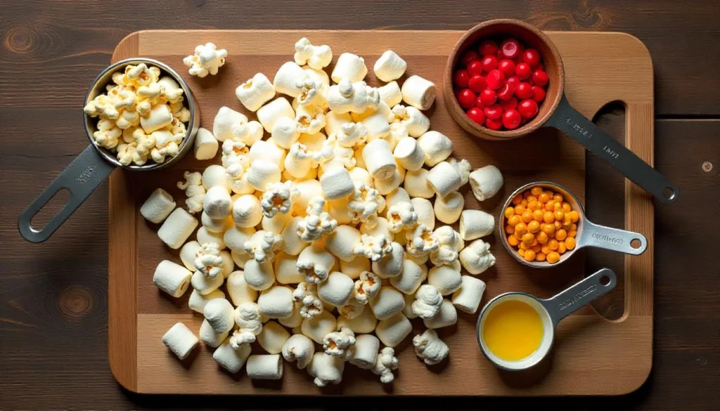 Ingredients for Popcorn Cake, including popcorn, marshmallows, melted butter, and candies, arranged on a wooden cutting board.