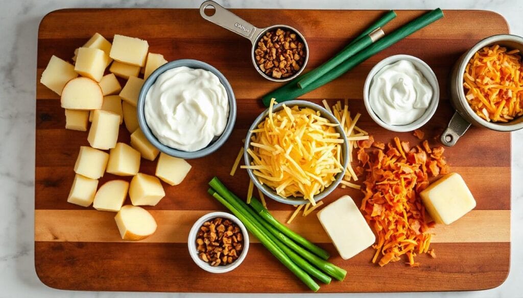 Ingredients for Mississippi Mud Potatoes, including diced potatoes, shredded cheese, sour cream, bacon, butter, and green onions.