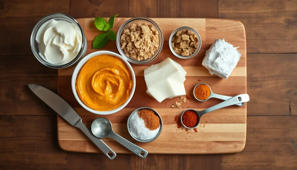 Ingredients for no-bake pumpkin cheesecake balls, including pumpkin puree, cream cheese, and spices.