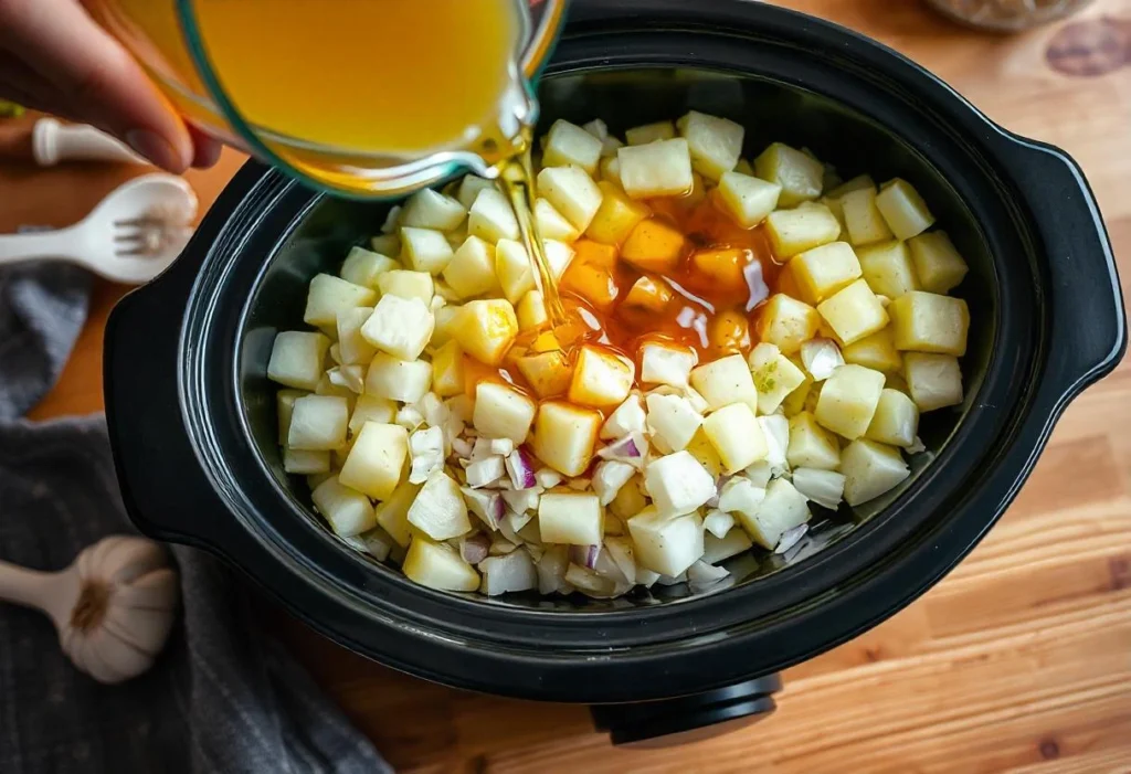 Ground beef being browned in a skillet for crockpot creamy potato and hamburger soup.