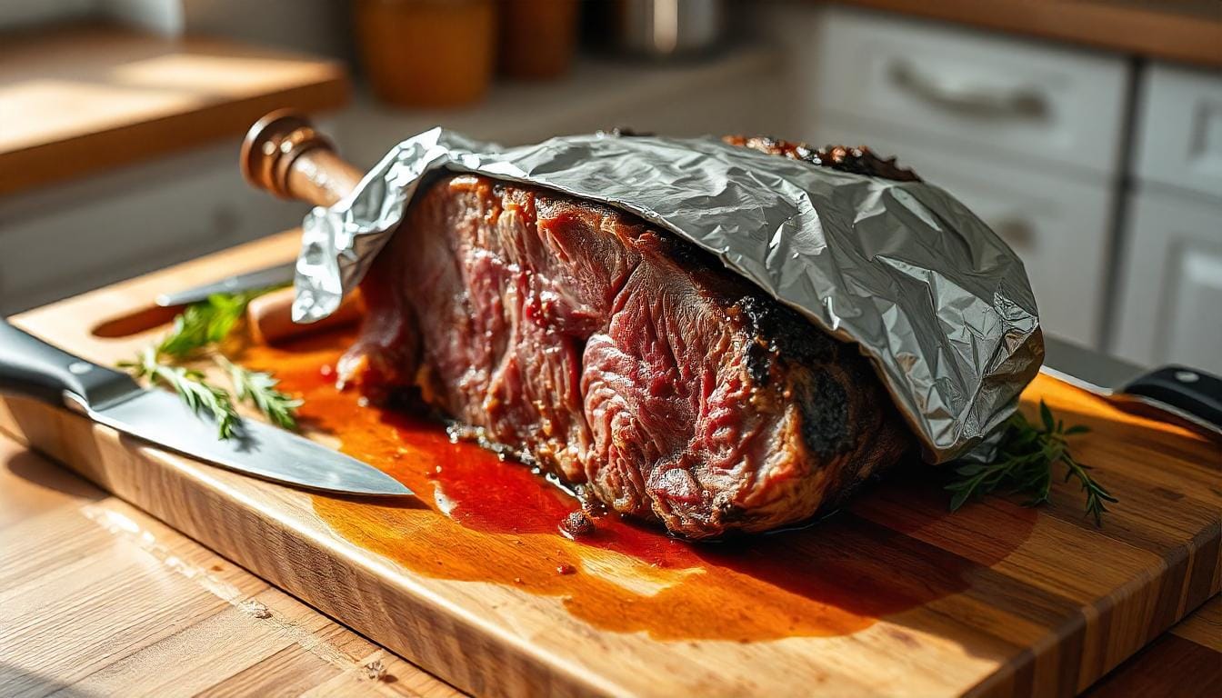 Prime rib roast seasoned with kosher salt, black pepper, garlic powder, rosemary, and thyme, resting on a cutting board with fresh herbs.