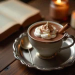 A luxurious cup of Martha Washington drinking chocolate topped with whipped cream and a cinnamon stick on a vintage tray.