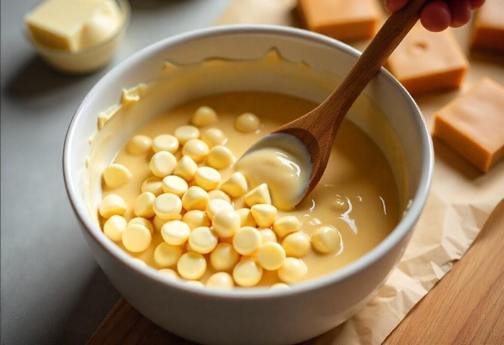 Stirring melted white chocolate and peanut butter for 3 ingredient peanut butter fudge