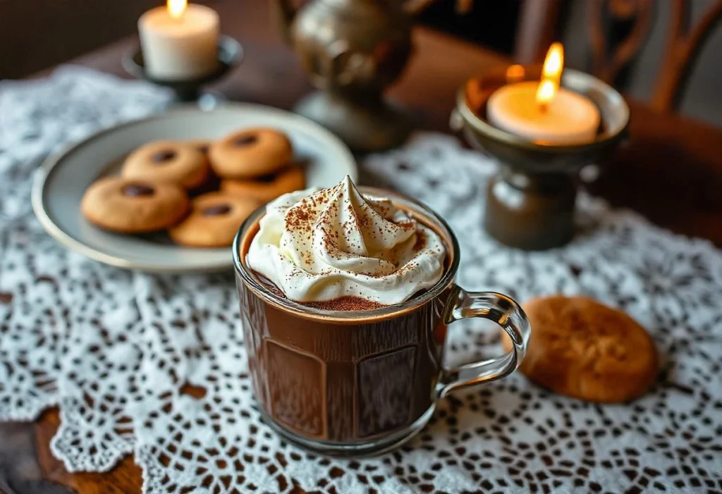 A cup of Martha Washington drinking chocolate topped with whipped cream and cocoa powder, served with colonial-style cookies.