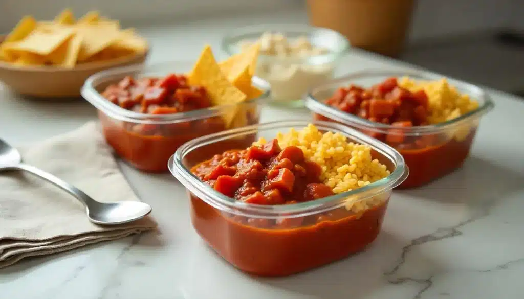 Meal prep containers filled with Rotel tomato-based chili, served with rice and tortilla chips for easy leftovers.
