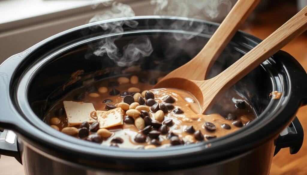 A crockpot filled with melting almond bark, chocolate chips, and peanuts being stirred with a wooden spatula.