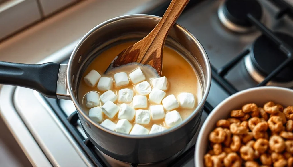 Marshmallows melting with butter in a saucepan, with a spatula stirring the mixture.