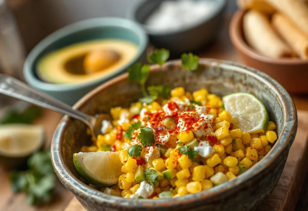 Mexican street corn salad with avocado, cotija cheese, and chili powder