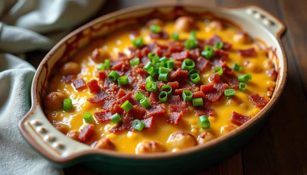 Alt Text: A close-up of Mississippi Mud Potatoes in a casserole dish, topped with melted cheese, bacon, and green onions.