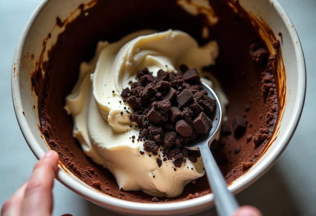 A close-up shot of crumbled chocolate cake and cream cheese frosting being mixed with crushed Oreos for cookies and cream cake pops