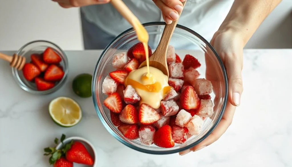 Mixing fresh fruit salsa ingredients like frozen strawberries, kiwi, and pineapple in a large bowl with lime juice and honey.