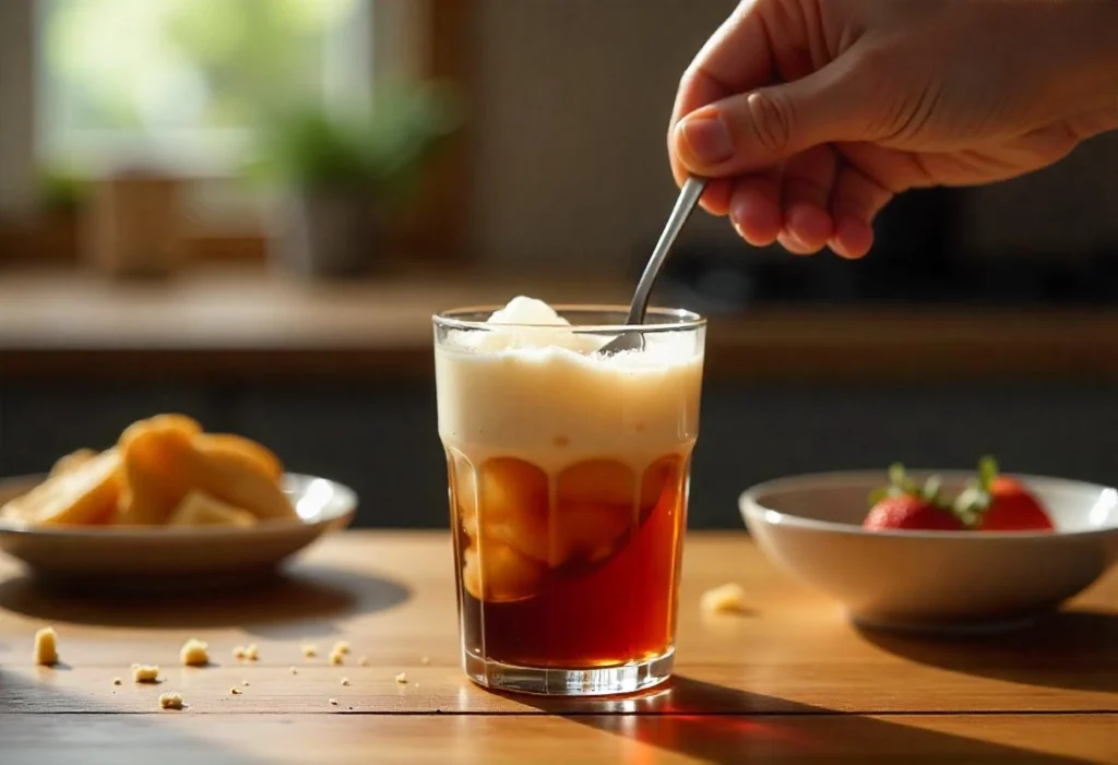 Hand stirring dirty soda with syrup and cream in a glass, creating a creamy and bubbly texture.