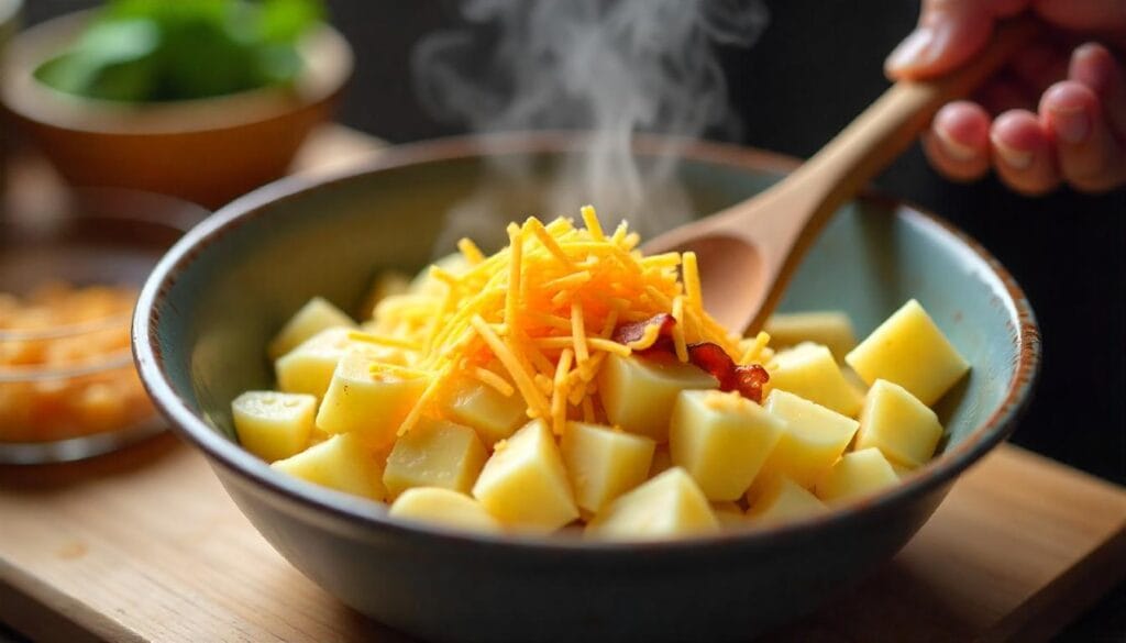 A mixing bowl with ingredients for Mississippi Mud Potatoes being stirred with a wooden spoon.
