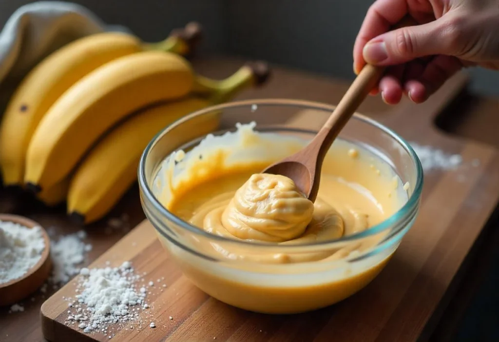 A hand stirring the 3-ingredient banana bread batter in a mixing bowl, with ingredients in the background.