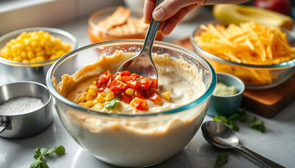 Step-by-step preparation of Fiesta Corn Dip with Rotel, showing ingredients being mixed together in a bowl.