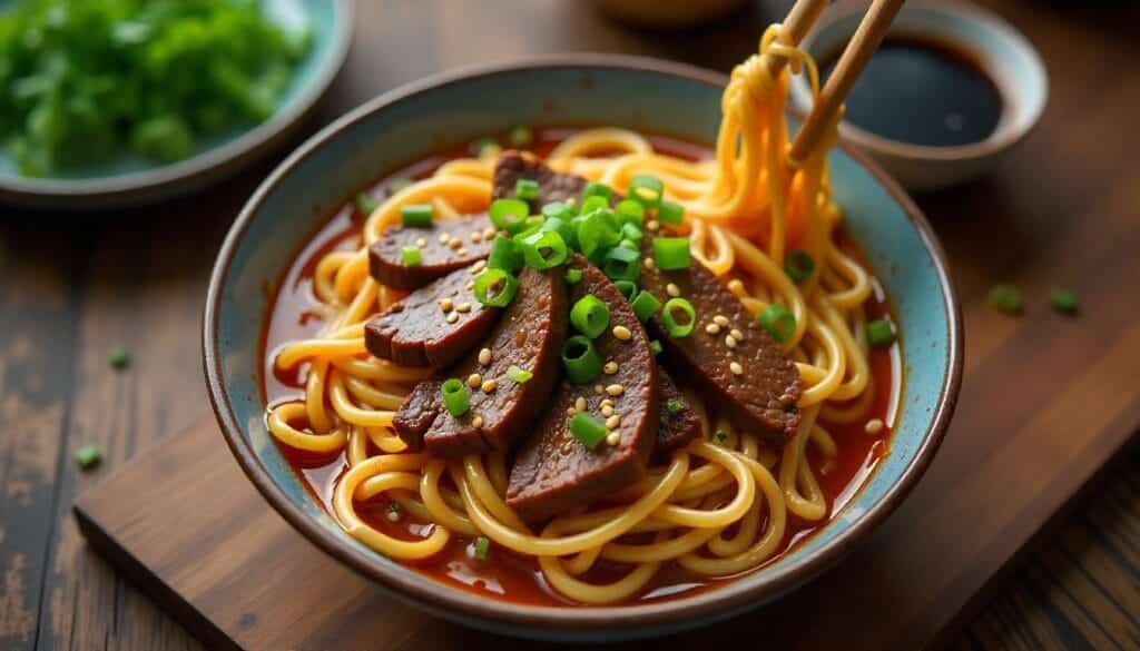 Overhead shot of Mongolian beef noodles in a bowl, garnished with sesame seeds and green onions.