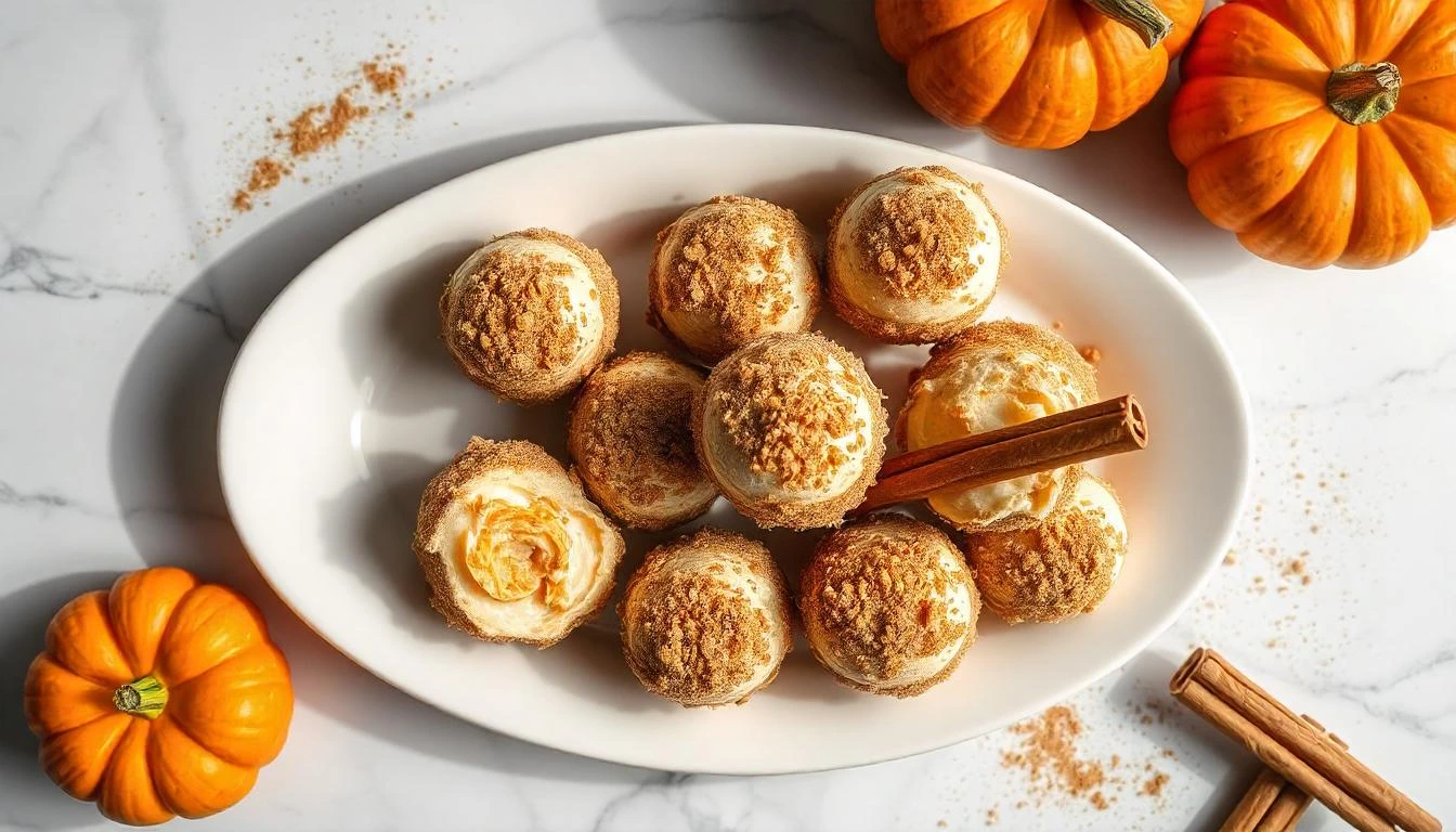 No-bake pumpkin cheesecake balls on a white platter, coated in graham crackers and garnished with cinnamon sticks.