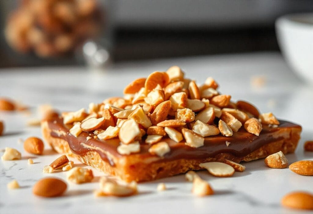 Nutty homemade toffee candy with chopped almonds and melted chocolate