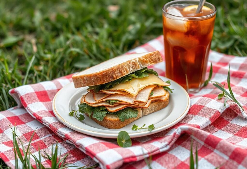 Pepperjack honey ham sandwich served on a picnic plate with iced tea and fresh greens