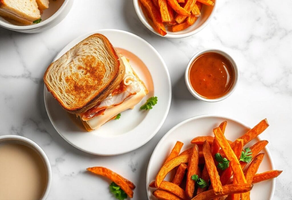 Pepperjack honey ham sandwich served with crispy sweet potato fries and dipping sauce