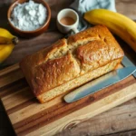 A freshly baked golden-brown loaf of 3-ingredient banana bread on a wooden board with ingredients in the background.