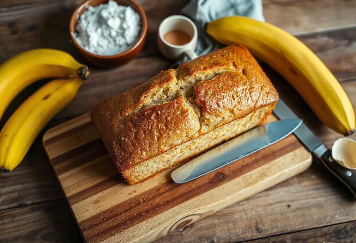 A freshly baked golden-brown loaf of 3-ingredient banana bread on a wooden board with ingredients in the background.