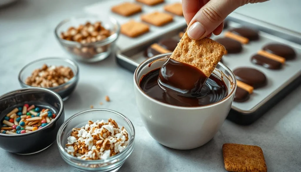 Chocolate-covered graham crackers with colorful toppings and a hand drizzling white chocolate.