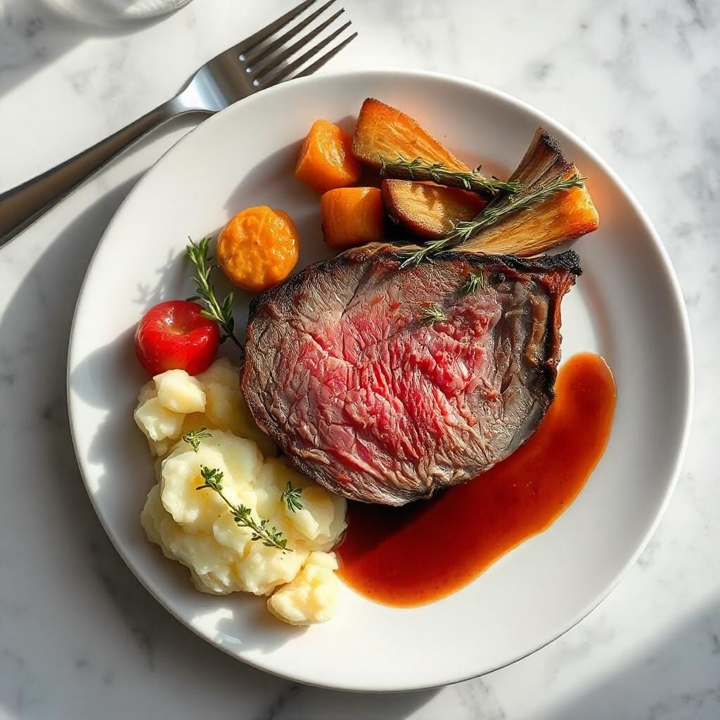 Plated slice of roasted prime rib with mashed potatoes, roasted vegetables, and a drizzle of jus, garnished with thyme.